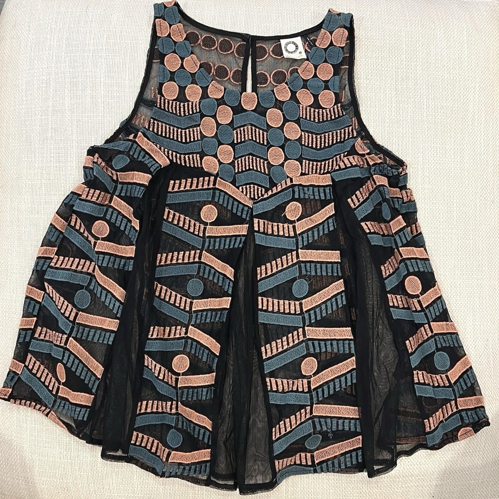 Akemi + Kin Tank Top Women Small Black Peach Blue Embroidered Mesh Boho Top